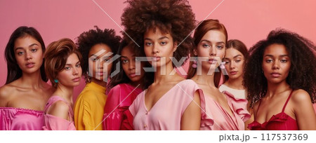 A studio shot showing different multiethnic female models. Confident and happy women on a pink background A studio shot showing different multiethnic female models. Confident and happy women on a pink background 117537369