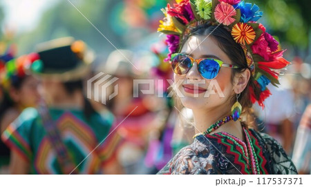 Young woman in hippie style looking at the camera at festival 117537371