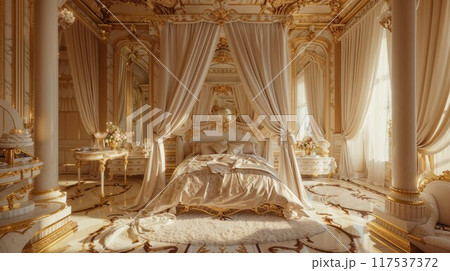 Wealthy rich room. Glamorous, elegant golden baroque dream bedroom design interior 117537372