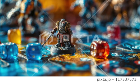 The figure of the hero in the board game stands on the playing field. Board role-playing game with miniatures with dice The figure of the hero in the board game stands on the playing field. Board role-playing game with miniatures with dice 117537373
