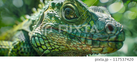 Head shot closeup of Green Crested Lizard 117537420