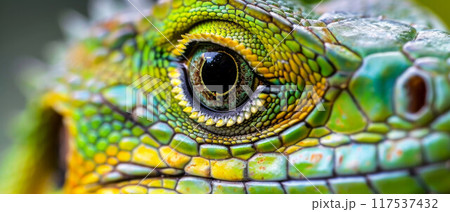 Head shot closeup of Green Crested Lizard 117537432