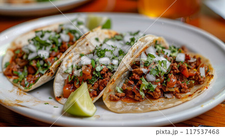 authentic mexican barbacoa, carnitas and chicken tacos 117537468
