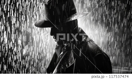 dramatic silhouette of a dangerous man in a hat at night in the rain in the city in the old crime 117537474