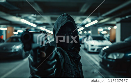 Robber with black balaclava aiming with pistol the victim. Hooded armed man thief killer in leather jacket holds gun in gloved hand. 117537477