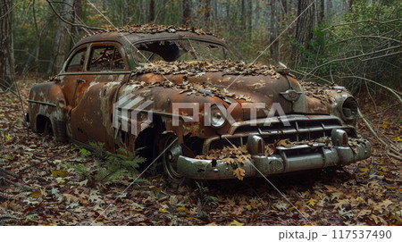 Rusted old car, abandoned in the woods 117537490