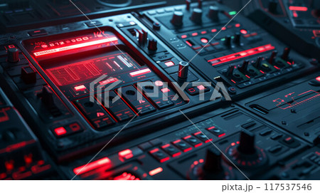 Mixing console, DJ job in the disco. Hands DJ mixing music at the club during the event Mixing console, DJ job in the disco. Hands DJ mixing music at the club during the event 117537546
