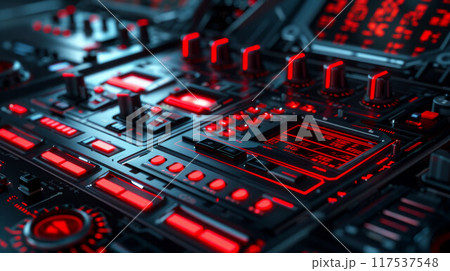 Mixing console, DJ job in the disco. Hands DJ mixing music at the club during the event 117537548