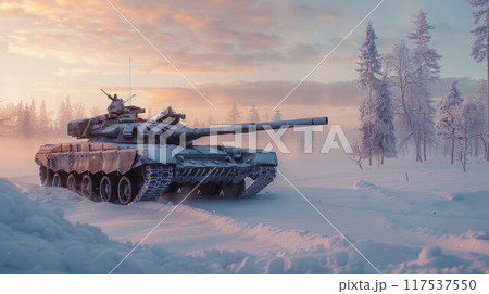 A tank on a winter battlefield stands in the snow during the day 117537550
