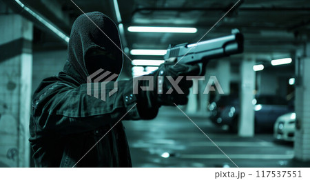 Robber with black balaclava aiming with pistol the victim. Hooded armed man thief killer in leather jacket holds gun in gloved hand. Robber with black balaclava aiming with pistol the victim. Hooded armed man thief killer in leather jacket holds gun in gloved hand. 117537551