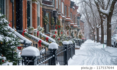 Row of colorful Brooklyn, New York town houses with snow in winter 117537644