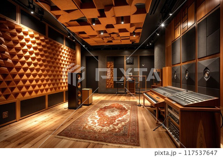 Recording studio room with wooden walls recording equipment and carpet on the floor Recording studio room with wooden walls recording equipment and carpet on the floor 117537647