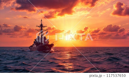 Silhouette of warship sails in the sea when the red light of civil twillight brace upon the sea surface Silhouette of warship sails in the sea when the red light of civil twillight brace upon the sea surface 117537650