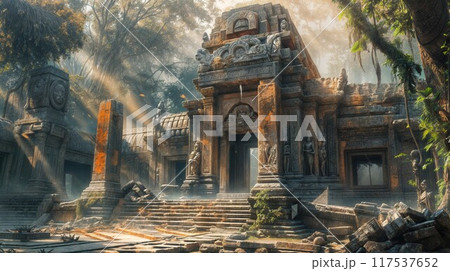 Majestic temple ruins overgrown by towering trees in the heart of the Cambodian jungle, showcasing the power of nature over man-made structures 117537652