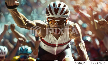 Young handsome man wearing cyclist safety helmet celebrating surprised and amazed for success with arms raised and open eyes. Winner concept Young handsome man wearing cyclist safety helmet celebrating surprised and amazed for success with arms raised and open eyes. Winner concept 117537663