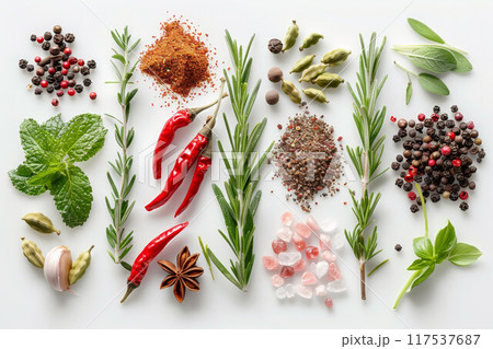 Food and drink healthy lifestyle concept: Italian herbs and spices. Rosemary, tomatoes, garlic and peppers. Top view. Isolated on white 117537687