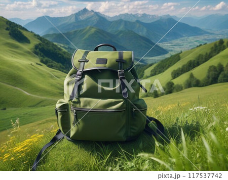 Hiking backpack during trek in mountains. Camping and trekking equipment 117537742