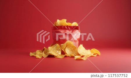 Potato chips in a red bag on a red background 117537752