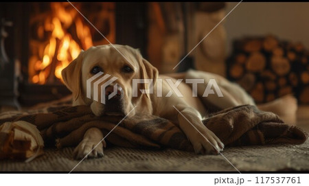 Adorable Golden Retriever dog on floor near electric fireplace indoors Adorable Golden Retriever dog on floor near electric fireplace indoors 117537761