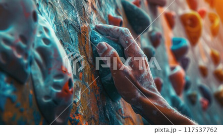 Closeup of climber hands holding artificial boulder with copy space 117537762