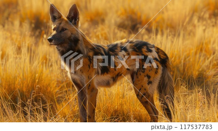 Jackal and evening sunlight. Black-Backed Jackal, Canis mesomelas mesomelas, portrait of animal with long ears, Kgalagadi, South Africa. Beautiful wildlife scene from Africa with nice sun light Jackal and evening sunlight. Black-Backed Jackal, Canis mesomelas mesomelas, portrait of animal with long ears, Kgalagadi, South Africa. Beautiful wildlife scene from Africa with nice sun light 117537783