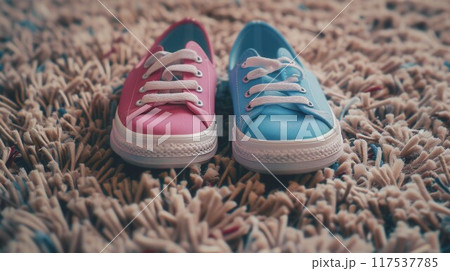 Pink and cyan sneakers on a pink and blue background 117537785