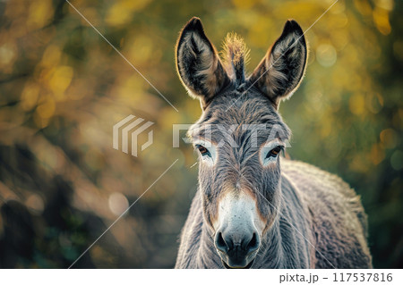 Close-up of a donkey in a natural setting with a soft, blurred background. Ideal for animal, farm, or rural-themed content 117537816