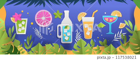 Tropical cocktails summer drinks with ice leaves fruits and umbrellas paper cut style Tropical cocktails summer drinks with ice leaves fruits and umbrellas paper cut style 117538021