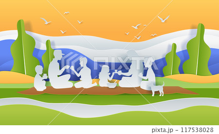 Family picnic scene paper cut style silhouettes enjoying outdoor meal with dog trees birds in background vibrant colors landscape Family picnic scene paper cut style silhouettes enjoying outdoor meal with dog trees birds in background vibrant colors landscape 117538028