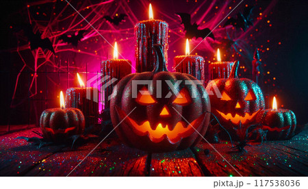 Red Halloween Background with Pumpkin Head Jack Lantern with Burning Candles Red Halloween Background with Pumpkin Head Jack Lantern with Burning Candles 117538036