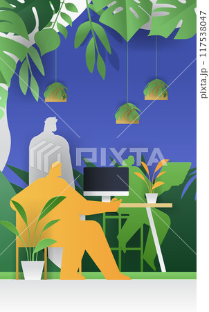 Office workspace with plants paper cut style illustration depicting people working at a desk surrounded by greenery and hanging plants vibrant colors 117538047