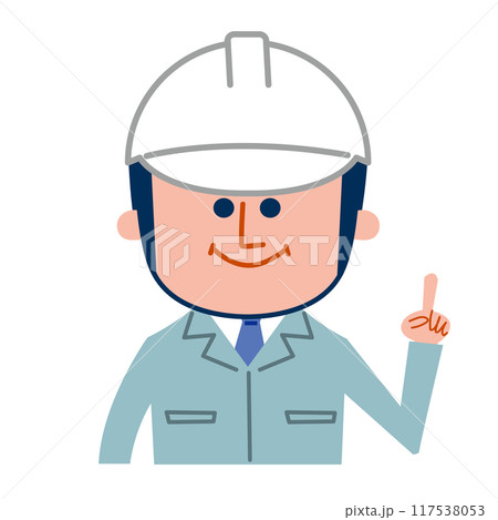 ヘルメットを装着して指を指して説明するヘルメットと作業着の男性 117538053