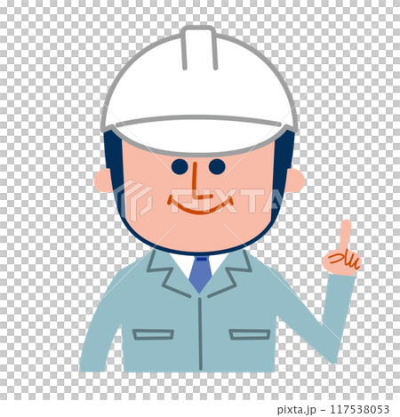 ヘルメットを装着して指を指して説明するヘルメットと作業着の男性 117538053
