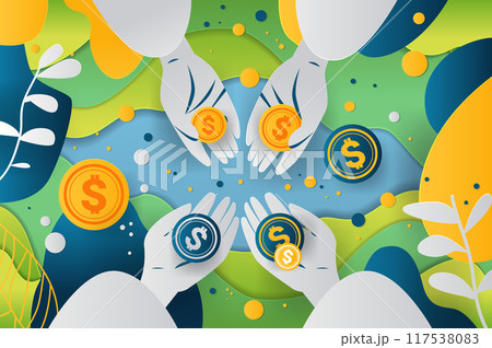 Hands holding coins in paper cut style financial theme colorful abstract background with leaves and shapes Hands holding coins in paper cut style financial theme colorful abstract background with leaves and shapes 117538083