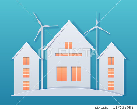 Eco-friendly houses with wind turbines paper cut style illustration. Three houses with orange windows and two wind turbines on a blue gradient background 117538092