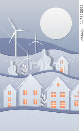 Wind turbines and houses in paper cut style landscape with hills trees and full moon 117538095