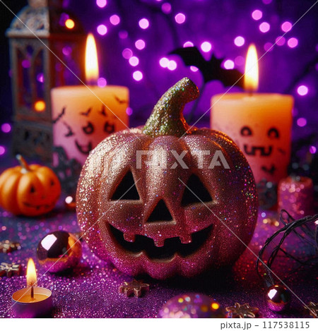 Purple Halloween Background with Pumpkin Head Jack Lantern with Burning Candles Purple Halloween Background with Pumpkin Head Jack Lantern with Burning Candles 117538115