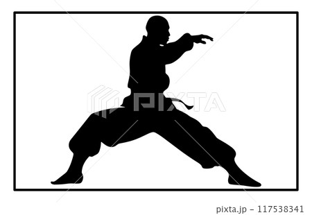 Wushu silhouettes set. Martial arts, wushu athletes. Different action Wushu silhouettes set. Martial arts, wushu athletes. Different action 117538341