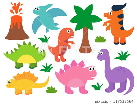 Collection of cute baby dinosaurs. Hand drawn brontosaurus, tyrannosaurus, pteranodon, pterodactyl. Set of flat cartoon vector illustrations isolated on white background. Collection of cute baby dinosaurs. Hand drawn brontosaurus, tyrannosaurus, pteranodon, pterodactyl. Set of flat cartoon vector illustrations isolated on white background. 117538564