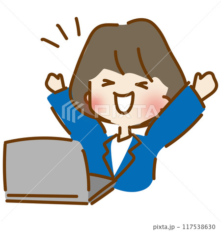 パソコン作業の仕事が終わって喜ぶゆるくて可愛い会社員の女性 117538630