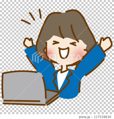 パソコン作業の仕事が終わって喜ぶゆるくて可愛い会社員の女性 117538630