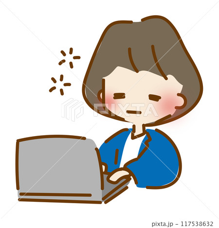 目をシパシパさせながらパソコン作業の仕事をするゆるくて可愛い会社員の女性 117538632