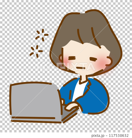 目をシパシパさせながらパソコン作業の仕事をするゆるくて可愛い会社員の女性 117538632