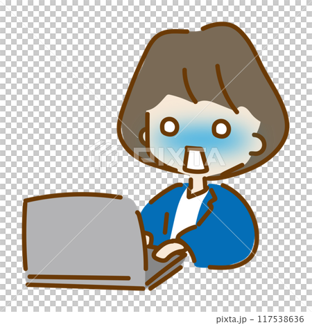 真っ青になるパソコン作業の仕事をするゆるくて可愛い会社員の女性 真っ青になるパソコン作業の仕事をするゆるくて可愛い会社員の女性 117538636