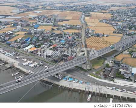 有明海沿岸道路の矢部川大橋と付近の空撮 117538766