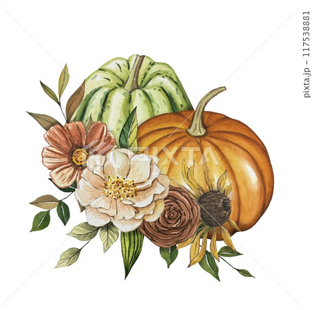Composition with pumpkins and autumn flowers, watercolor illustration 117538881