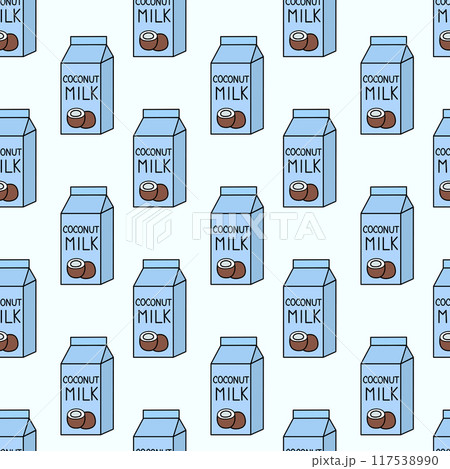 Seamless Pattern with Coconut Vegan milk. Box Carton packaging. Vector flat illustration. Seamless Pattern with Coconut Vegan milk. Box Carton packaging. Vector flat illustration. 117538990