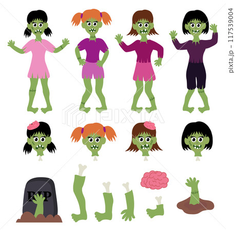 Big collection of zombie girls. Halloween Set. Cartoon Flat Vector illustration. Big collection of zombie girls. Halloween Set. Cartoon Flat Vector illustration. 117539004