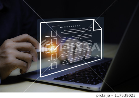 Survey Online concept. Businessman uses laptop and manages online survey. productivity checklist and filling survey form online, answer questions of test. Education futuristic technology and learning 117539023