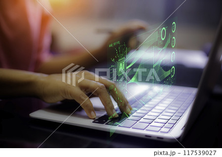 Big data analysis and Document Management using technology AI. Women using laptop analyzing Management online. Financial system, taxes, interest and dividends. Virtual screen technology Management. 117539027